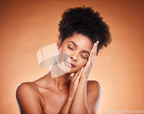 Image of Peace, wellness and model for skincare beauty touching face for natural and healthy cosmetic marketing. Black woman, facial and body care health cosmetics advertising on orange studio mockup.