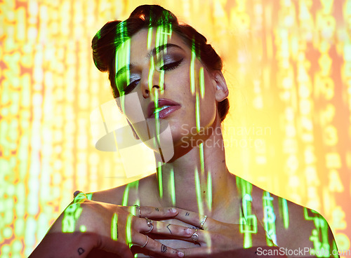 Image of Futuristic, neon and projection on cyberpunk woman thinking with edgy makeup and hair style in studio. Dystopian, projection and 3d glow illumination on girl with serious face contemplating future.