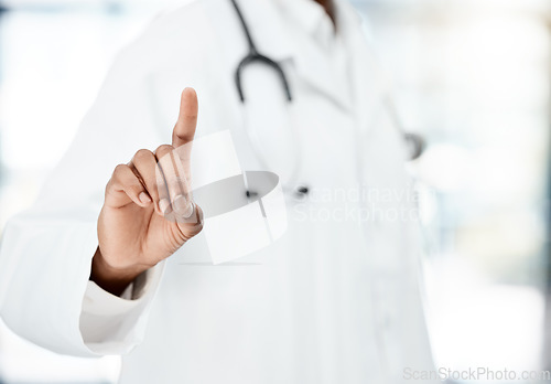 Image of Hand, healthcare and touchscreen with a doctor black man using a technology interface in a hospital. Future, innovation and research with a medicine professional working in a clinic for medical