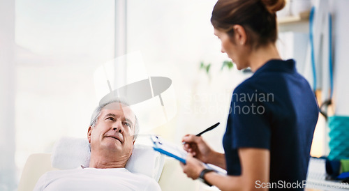 Image of Senior man, healthcare worker and patient rehabilitation while writing on a clipboard for physiotherapy assessment with a doctor. Woman chiropractor with male for physical therapy, physio and help