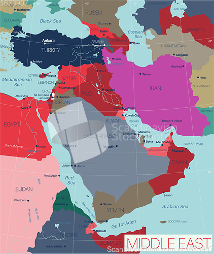 Image of Middle East region detailed editable map