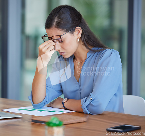 Image of Tired, stress and headache business woman with marketing statistics, budget report and company finance management risk. burnout, depression or glasses vision problem of corporate worker and paperwork