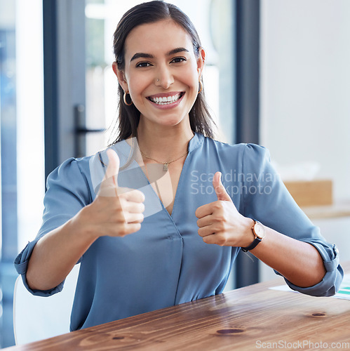 Image of Thumbs up, business woman and portrait in office startup workplace for like, career success or target achievement. Corporate manager, boss or leader with thank you, support or agreement hands sign