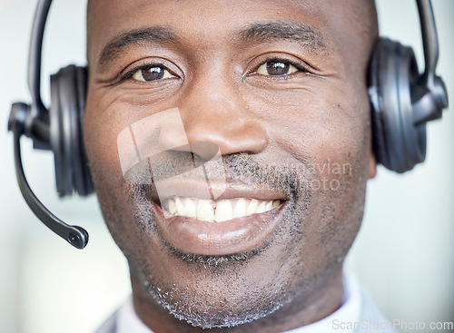 Image of Call center, face and smile with portrait of businessman for telemarketing, consulting and customer support. Ecommerce, telecom and microphone with black man for crm, help desk and contact us service