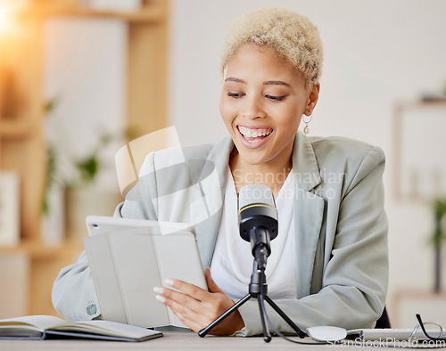 Image of Tablet, woman influencer and microphone for podcast for social media channel, speaker and presenter in office. Young female, digital technology and radio presenting, communication and mike for online