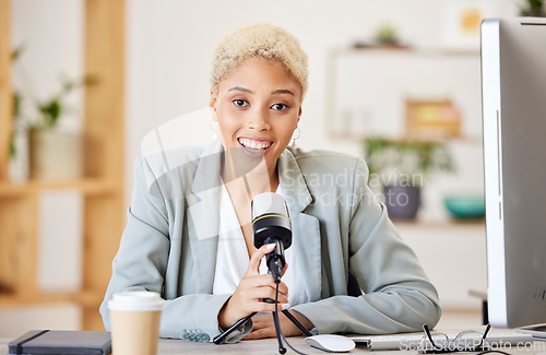 Image of Business podcast, interview and radio, office desk and live streaming news, broadcast conversation or audio discussion. Portrait, black woman or presenter hosting company talk show blog on microphone