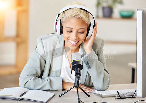 Image of Podcast, computer and microphone black woman with broadcast, news update or live streaming music in office. Business journalist, influencer or radio speaker on mic technology in virtual communication