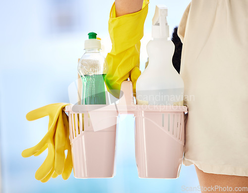 Image of Cleaning, product and soap with hands of woman with bucket for bacteria, safety and chemical. Dust, spray and liquid with cleaner and container for disinfection, healthcare and germs protection