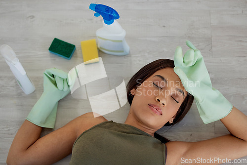 Image of Burnout, housework and woman sleeping on floor while doing chores with rubber gloves and detergent. Sleep, house work and tired mother asleep on ground, exhausted while busy cleaning and washing home