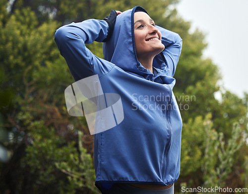 Image of Exercise woman, winter fitness and stretching in nature, park and garden, fresh air and freedom, morning running and cardio training. Happy athlete, hoodie and workout warm up, hiking and motivation