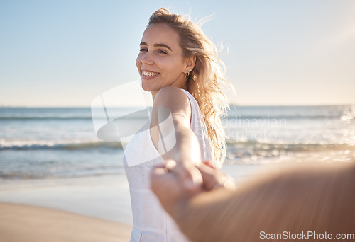 Image of Love portrait, woman pov and holding hands on beach and happy relationship, anniversary and embrace while on holiday together. Romance, man and woman smile, loving and bonding with sunset on vacation