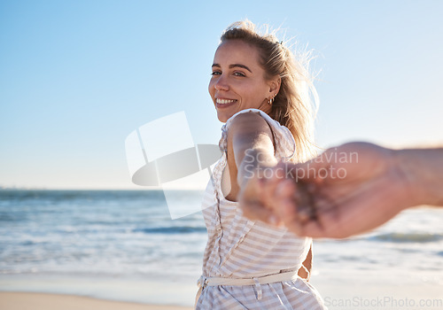 Image of Couple, beach and holding hands with woman in pov with love, smile and quality time together. Girl, man and hand touch with happiness, bonding and romance by ocean for happy couple in summer sunshine