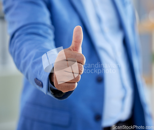 Image of Thumbs up, closeup and businessman winner support or thank you motivation. Success, celebration and corporate man hands zoom for yes, agreement and praise achievement or approval or thanks hand sign