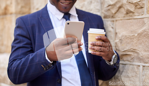 Image of Travel, coffee and hands of businessman with phone on walk commute for social media, email or ecommerce. Technology, internet and corporate black man on outdoor break with 5g mobile connection.