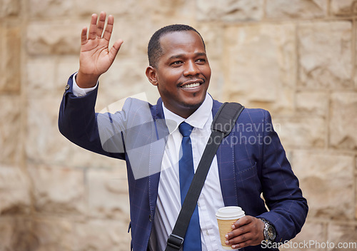 Image of Black man, corporate and stop taxi, transport or greeting with suit, coffee or smile in city. African businessman, wave hand and metro for transportation, cab and happy while waiting for urban travel