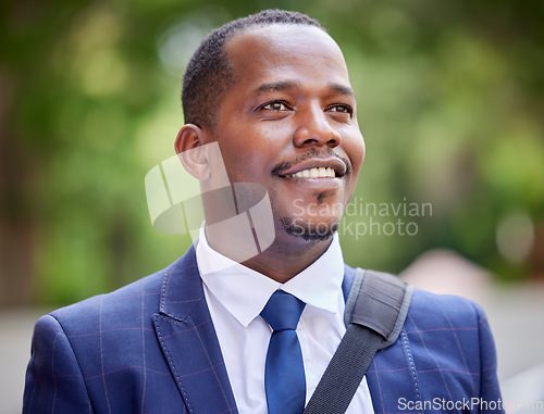 Image of Happy black business man in the city, professional entrepreneur commute to work and outdoor in park. Young african lawyer in corporate suit, vision for career success success and proud law student