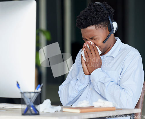 Image of Computer, call center or sick businessman blowing nose with tissues in contact us, telemarketing or b2b sales company. Stress flu, covid or cold virus for customer support receptionist and technology