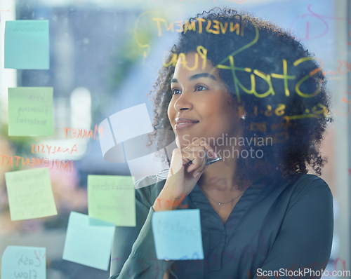 Image of Black woman, business and brainstorming, board and sticky notes with ideas for project, planning and strategy for marketing or investment firm. Thinking, professional and vision, innovation and plan