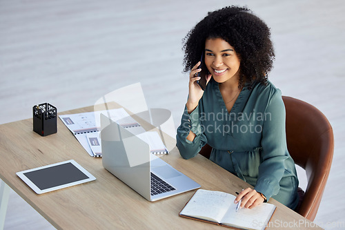 Image of Phone call, notebook and laptop with business woman for planning, schedule and consulting. Agenda, networking and communication with black woman writing in for calendar, reception and administration