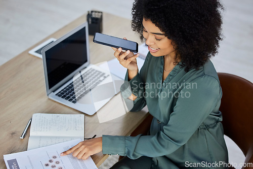 Image of Business woman, phone and voice recording for telecommunication, consultation or advice at the office. Black female employee having a marketing discussion on speaker or phone call at the workplace