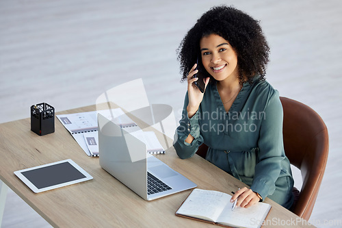 Image of Business, woman and phone call for wifi communication in the office while planning schedule. Cellphone, call and leading businesswoman networking for negotiation about entrepreneurship deal
