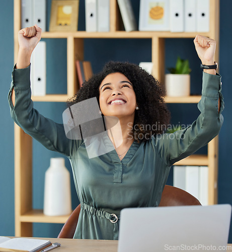 Image of Corporate success, celebration and business woman winning while trading on a laptop at work. Motivation, achievement and employee happy and excited about stock market on the internet with a computer