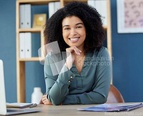 Image of Business, woman and portrait of lawyer or legal advocate at her desk in the office ready for a case. Attorney, front and african American businesswoman proud of her management law firm workplace