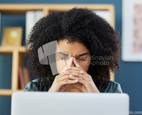 Image of Stress, headache and woman with laptop, anxiety and mental health in office. Audit, fail and debt, overworked and tired corporate worker thinking, depression and and of tax report and online proposal