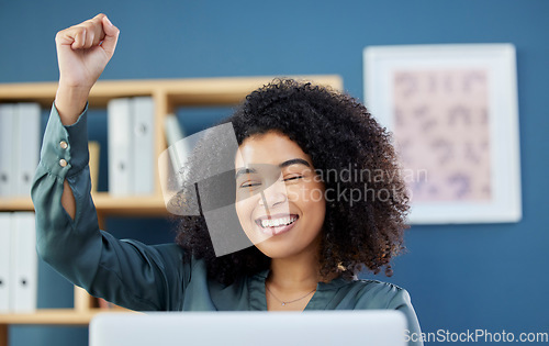 Image of Celebration, success and black woman giving support to online trading, fintech and happy about promotion on a laptop. Goal, motivation and worker with smile for pc email, achievement and bonus