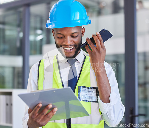 Image of Construction worker, clipboard and phone with a man on a wifi call in a engineering office. Architecture, contractor and african American man reading list while on a phone call for industry