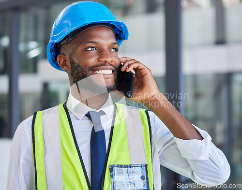 Image of Engineer, phone call and communication while networking, contact and happy smile, conversation and talking about renovation. Construction worker, black man and engineering worker speaking on tech