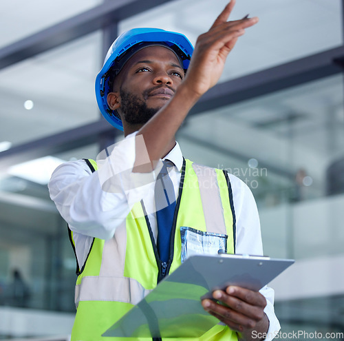 Image of Architecture, checklist and inspection with construction worker planning for engineering, designer and building. Industrial, leadership and safety with black man for property, maintenance and vision