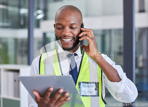 Image of Black man with clipboard, phone call for communication during inspection, safety check and compliance. Logistics or construction with smartphone, tech and checklist for business quality assurance.