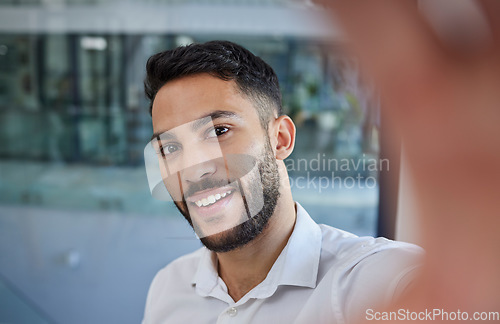 Image of Business man, selfie and smile for socila media profile picture with happiness and pride in career choice while at office. Face of professional male entrepreneur with vision and mission for success