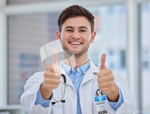 Image of Man, doctor or thumbs up in hospital for support, trust and life insurance vote for healthcare wellness, medical help or surgery success. Portrait, smile or happy medicine worker with approval hands