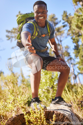 Image of Black man, hiking and help hand, smile and happy outdoor in nature, forest or nature park in summer. Climbing up hill, trekking together in nature and healthy workout adventure, pov and fitness hiker