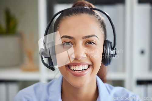Image of Call center, woman face and customer service, consulting and helping for solution, telemarketing or communication agency. Portrait of happy sales employee, receptionist and consultant with microphone