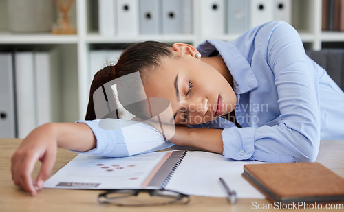 Image of Business woman, burnout and tired while sleeping on desk, fatigue and fail with mistake, mental health at office. Depression, entrepreneur and sleep with overworked, problem and young woman dreaming