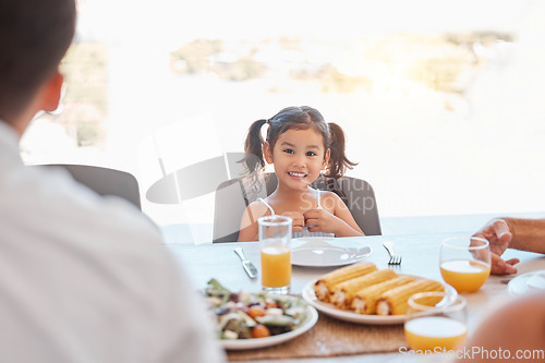 Image of Child, girl or family lunch meal at dining table for holiday celebration, reunion or social gathering. Portrait, smile or happy kid with healthy food in house, home or restaurant and bonding at party