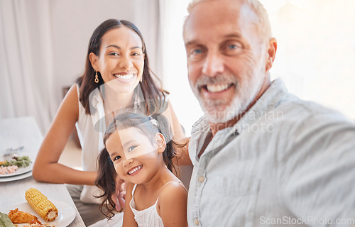 Image of Selfie, family and generations with love and smile in portrait with grandfather, mother and child in picture. Meal time with food, care and bonding with happy family, diversity and relatives together