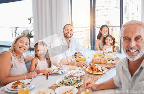 Image of Family, selfie and smile with food and together for lunch or dinner meal, generations and happiness at family home. Grandparents, parents and girl children bonding, nutrition and happy in portrait.