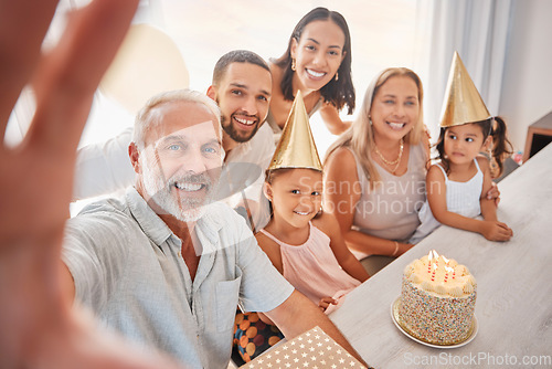 Image of Birthday selfie, portrait family and cake with grandparents, children and parents in living room in house. Girl kids, mother, father and senior people taking photo at birthday party in family home