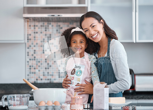 Image of Cooking, portrait and mother teaching child in kitchen with butter, eggs and food for breakfast, dessert or cake home education. Black family mom and kid learning, support and help baking together