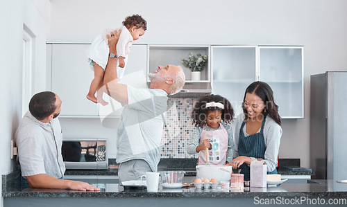 Image of Family, children and baking with a senior man bonding with his granddaughter in the kitchen of a home. Love, grandparent and diversity with a mother and daughter learning to bake for cooking