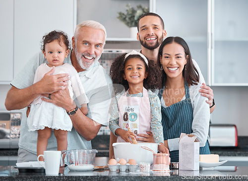 Image of Big family, portrait and children learning baking from parents and grandfather in the kitchen of their house. Food, happy and kids, senior man and mother and father cooking with smile together