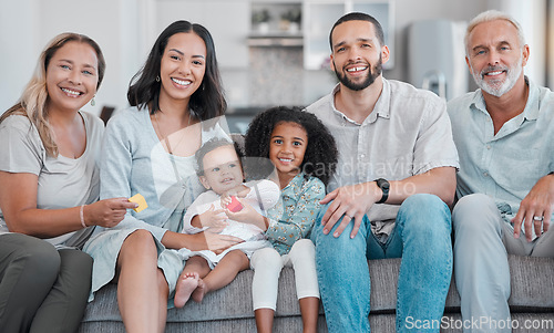 Image of Portrait of big family, sofa and living room in family home, house and lounge for bonding, love and care together. Happy family, support and quality time on couch with grandparents, parents and kids