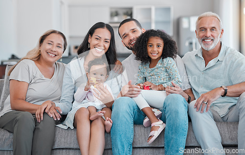 Image of Big family, portrait and relax on sofa for quality time, support or relationship bonding in family home. Happy family, love and care for children, happiness and grandparents smile together on couch