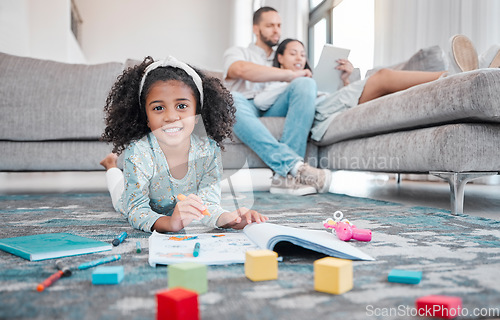 Image of Child, girl or kid drawing in book and relax parents on digital tablet in house or family home living room. Portrait, smile or happy learning and playing on floor with color and mom and father online