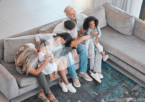 Image of Happy family, children or parents bonding with senior grandparents on sofa in house or home living room. Top view, men or women with kids, girls and retirement elderly people together on lounge couch