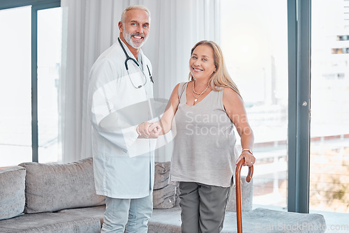 Image of Doctor, woman and walking stick in portrait for rehabilitation, healthcare or wellness in consultation room. Medic, physiotherapist and happy patient in hospital for help, physical therapy or support